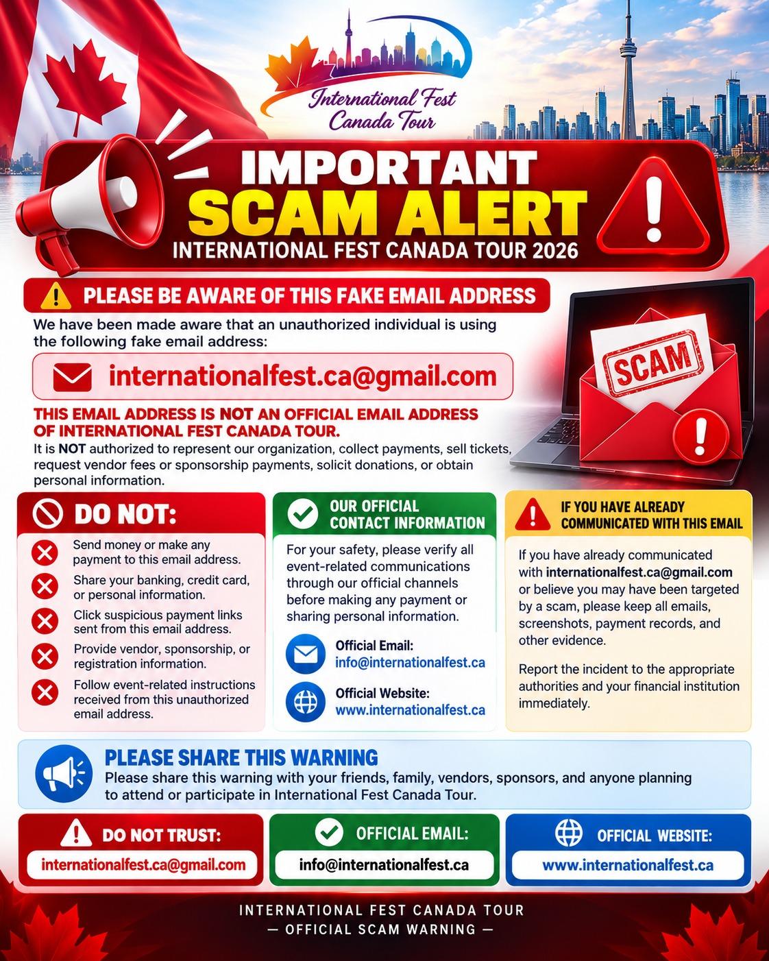 Official scam alert notice from International Fest Canada Tour 2026