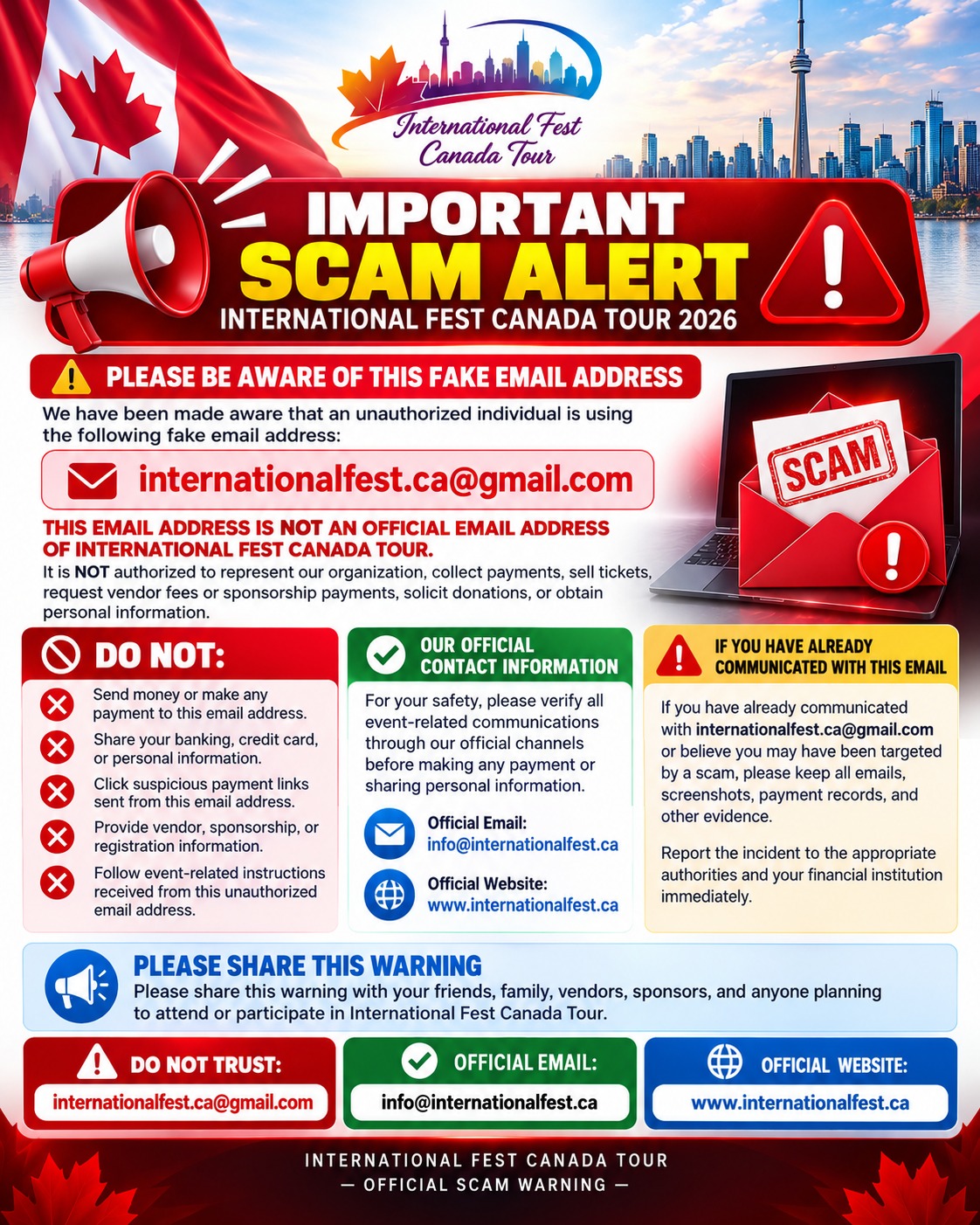 Scam Alert — International Fest Canada Tour Official Warning